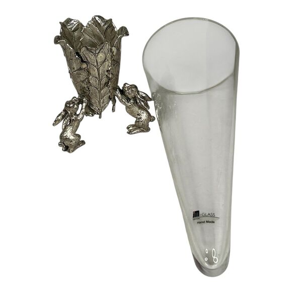 Vtg ARTHUR COURT Cone Glass Vase Aluminum Metal Bunny Rabbit Base Easter 12-232 - Picture 6 of 13